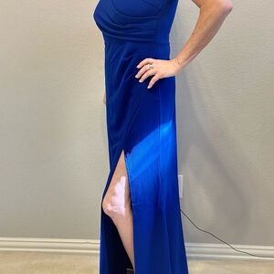 Blue Ruched Gown with Slit
